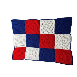 Handmade Afghan Red White Blue Blanket Home Decor 48”x36”